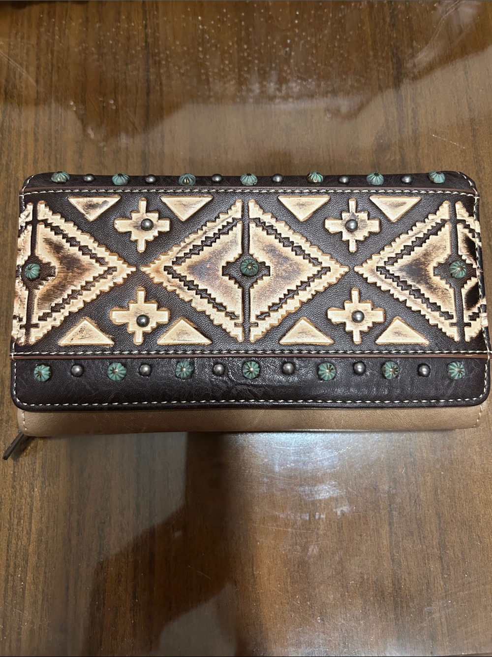 Montana West Brown Tan Southwestern Embossed Wallet with Turquoise Accents